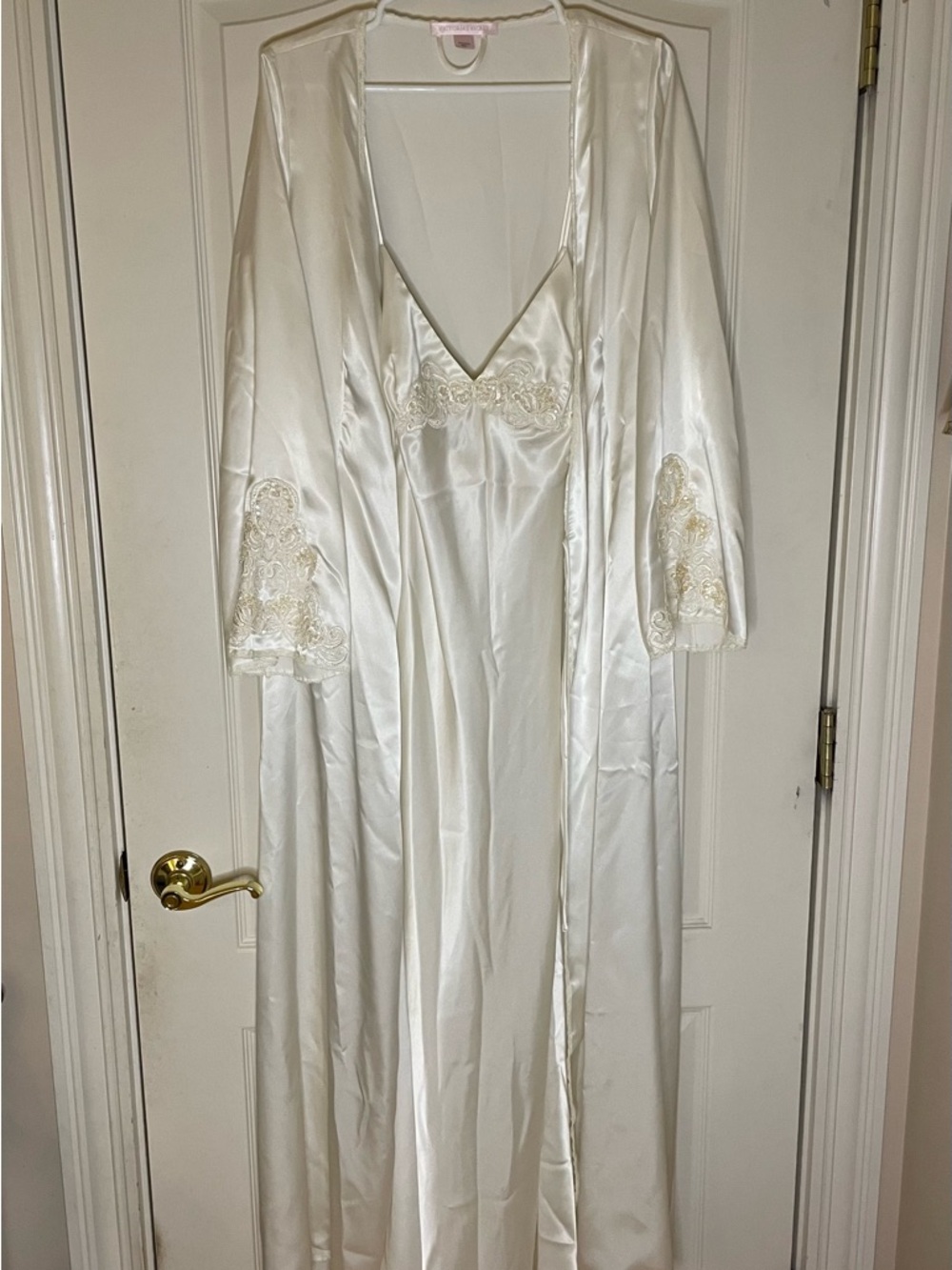 Vintage Victoria's Secret Bridal Satin Robe and Gown with Bead & Lace Trim